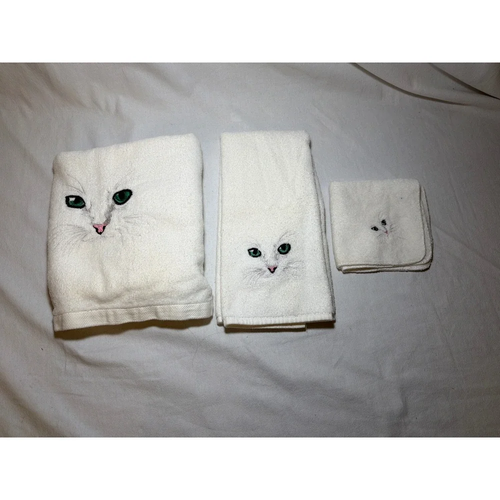 Vintage Dundee Jillian Rose Cat Towel‎ Set White Embroidered Cotton 3pc USA 80s